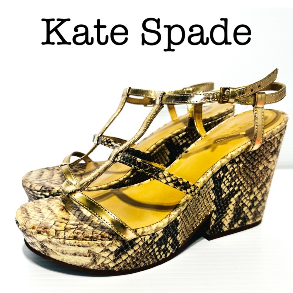 Kate Spade Venezia Metallic Gold and Snake Print Platform Sandals Size 8 1/2